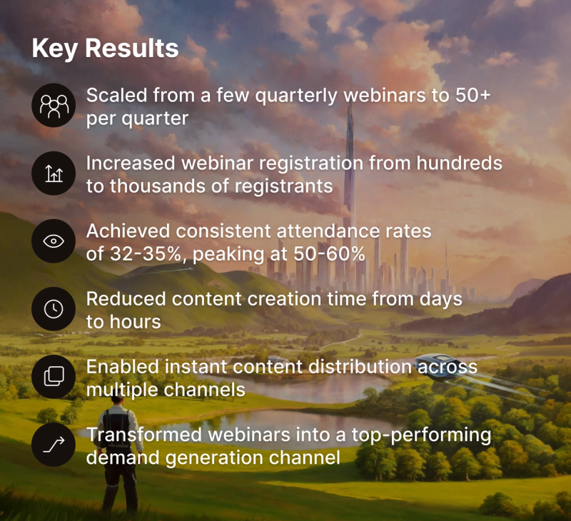 key metrics Scaled from a few quarterly webinars to 50+ per quarter  Achieved consistent attendance rates of 32-35%, peaking at 50-60%  Increased webinar registration from hundreds to multiple thousands of registrants  Reduced content creation time from days to hours  Enabled instant content distribution across multiple channels  Transformed webinars into a top-performing demand generation channel