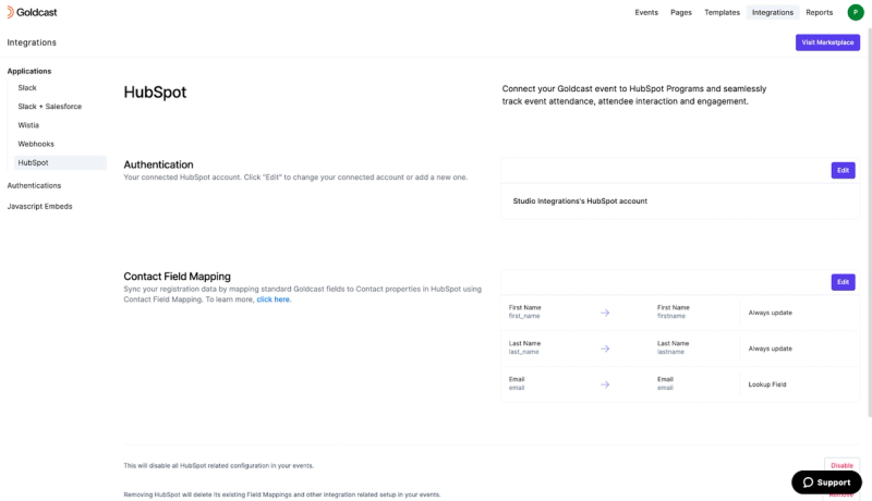 Goldcast integrations dashboard screen to sync registrations details with Hubspot CRM